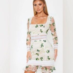 PrettyLittleThing White and Green Ruffled Tiered Dress